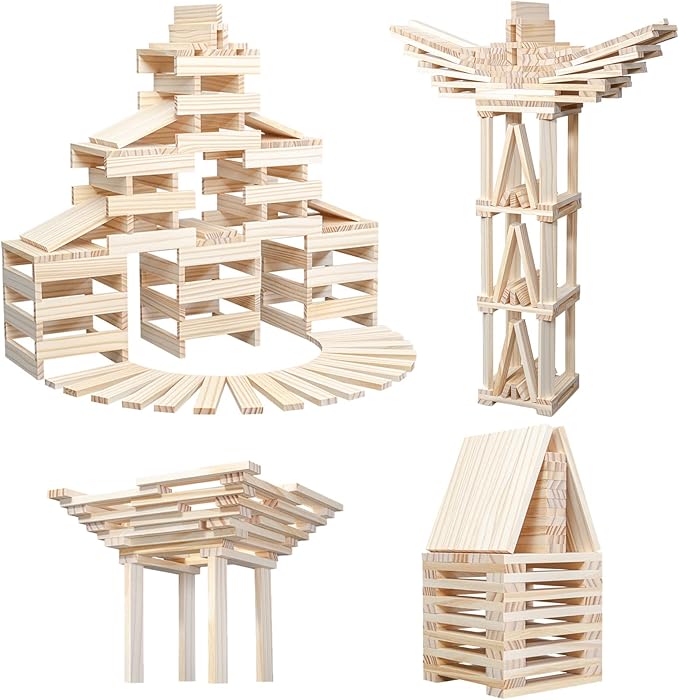 Wooden Plank Building Blocks 200PCS Sensory Toy for Kids, Montessori STEM Playset with Natural Pine Wood Creative Shapes for Educational Preschool Learning 3D Space Stacking Games for Boys Girls