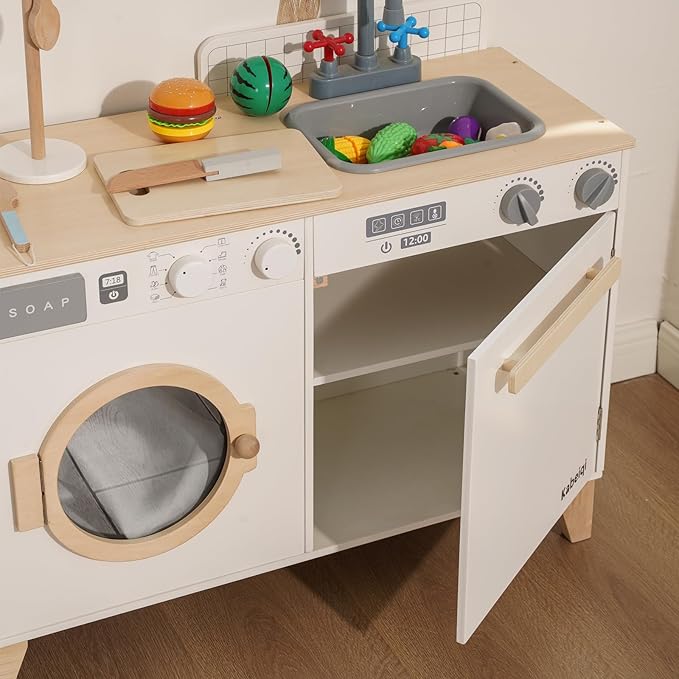 Kids Play Kitchen - Wooden Multi-Function Washing Machine for Kids Kitchen Playset - Pretend Toddlers' Kitchen Toy Washer with Accessories - Perfect Baby Gift for Ages 3-8
