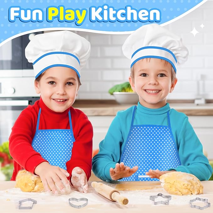 Toyze Apron for Kids Cooking Toys for 3-8 Year Old Girls Boys, Chef Costume for Kids Chef Hat and Apron,Birthday Gifts for Girls Boys 20 Pcs Blue-with Cookbook