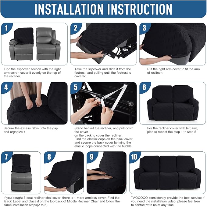 TAOCOCO Recliner Sofa Covers Stretch Reclining Couch Cover, Jacquard Recliner Couch Cover for 3 Seat Furniture Protector Sofa Slipcovers with Elastic Bottom for Kids, Pets (Black)