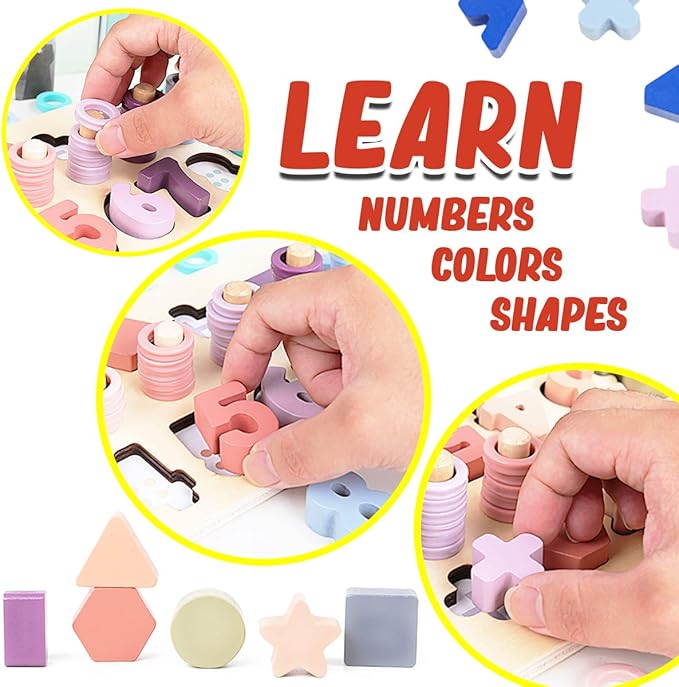 CozyBomB Montessori Educational Wooden Shape & Number Puzzle Blocks - Preschool Learning Toys for Boy & Girl (Macaron)