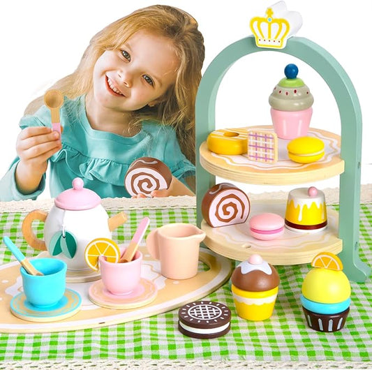 Wooden Tea Party Set, Toddler Tea Set for Little Girls 3-5 with Picnic Mat & Cupcake Stand & Play Kitchen Accessories, Wooden Toys for Toddlers 2 3 4 5 6 Years Old for Garden Picnics and Parties