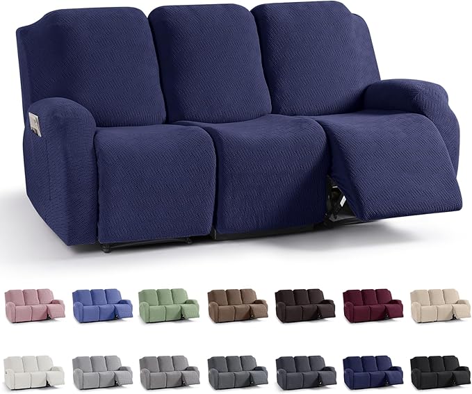 KinCam Recliner Covers, Stretch Reclining Chair Covers, Recliner Sofa Slipcovers Stripe Jacquard Recliner Couch Covers Furniture Protector Covers for Pet Kid (3 Seater, Dark Blue)