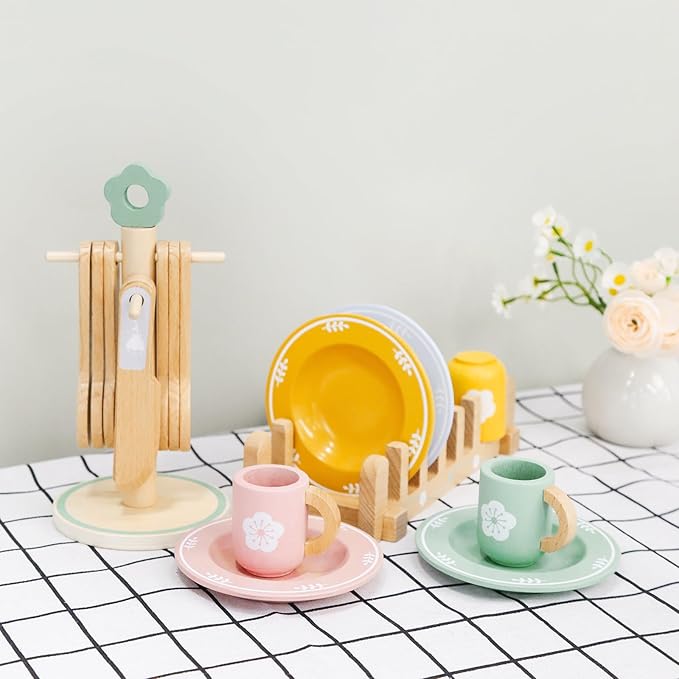 Wooden Play Kitchen Accessories Toys for Toddlers 3+, 22 PCS Kids Play Kitchen with Cute Cutlery Rack&Dish Rack,Play Dishes for Kids Kitchen,Montessori Pretend Birthday Gifts for Girls Boys
