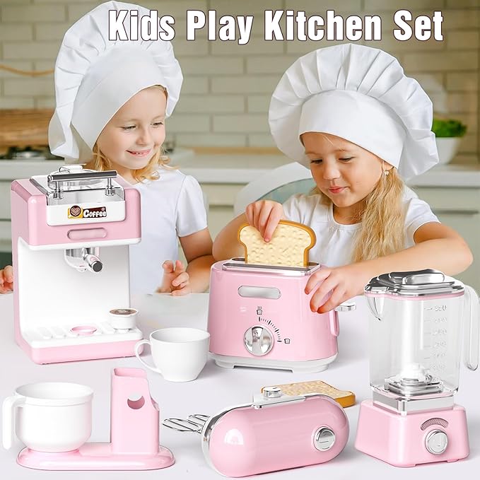 Pretend Play Kitchen Appliances Toy Set with Realistic Coffee Maker Machine, Toaster, Mixer and Blender, Kids Kitchen Playset with Sound & Light for Kids Age 3–5 4-8