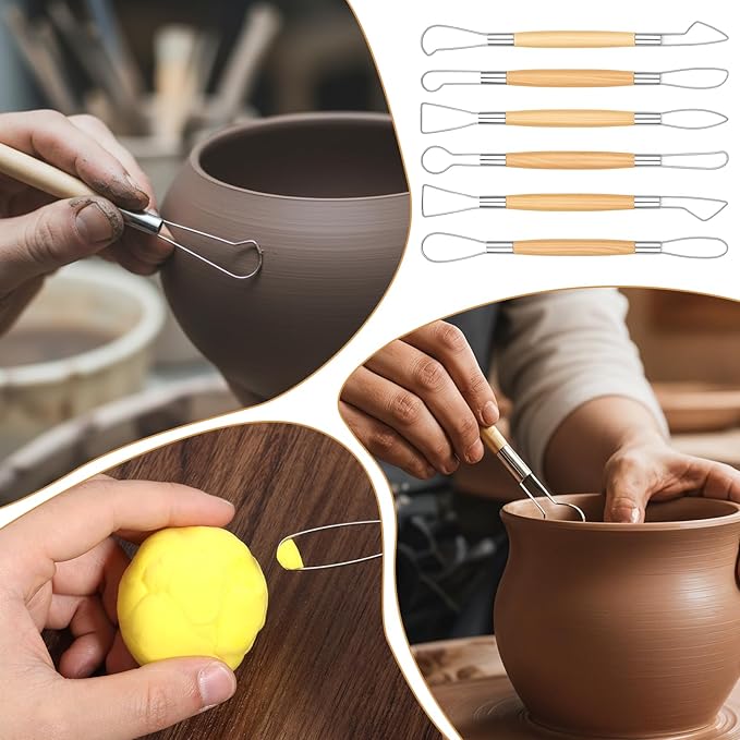 6Pcs Pottery Carving Tools Double-Sided Clay Sculpting Tools Clays Wire Loop Sculpture Set Wooden Handle Ribbon Clays Tool Pottery Trimming Tool for Ceramic Wax Carving Ceramic Modeling