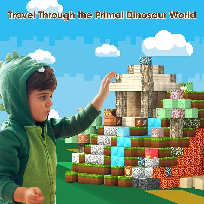 Magnetic Blocks - 104PCS Dinosaur Themed Magnetic Tiles, Build Mine Magworld Building Blocks, STEM Sensory Toys for Boys & Girls Age 3-8 9 10, Toddler Creative Learning Toys, Christmas Birthday Gifts