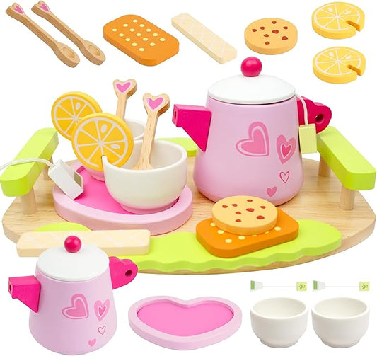 Wooden Play Tea Set for Little Girls - Tea Party Set with Teapot, Cookies, Pretend Play Food and Other Kitchen Accessories, Toys for Girls Boys 3 4 5 6 7 8 Years Old