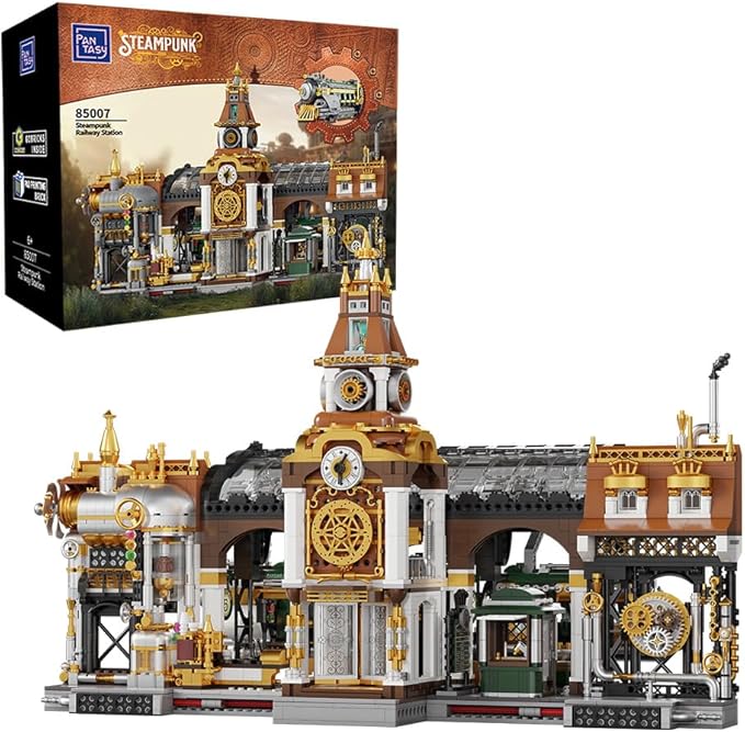 PANTASY Train Station Architecture Building Set, Steampunk Railway Station Building-Bricks Set, Features a Buildable Train, Tracks, Ticket Office Construction Building Toy Kit for Adults and Teen