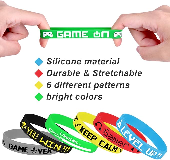 TUPARKA 60 Pieces Video Game Bracelets Rubber Wristbands Colored Silicone Wristbands Supplies for Game Party Birthday Party Party Favors, 6 Styles