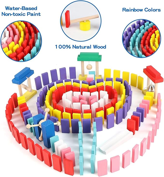 Wondertoys 600 PCS Dominoes Set for Kids Wooden Building Blocks 6 Colors Bulk Dominoes Racing Tile Games Educational Toy for Kids Birthday Party with 11 Add-on Blocks and 1 Storage Bag