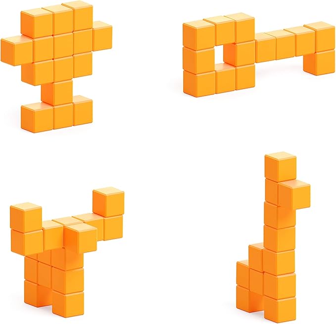 PIXIO-16 Orange Color Series Magnetic Blocks Building Set 16pcs with Free App, Stress Relief Building Blocks, Magnets for Kids, Pixel Art Desk Toy, Fidget Toys