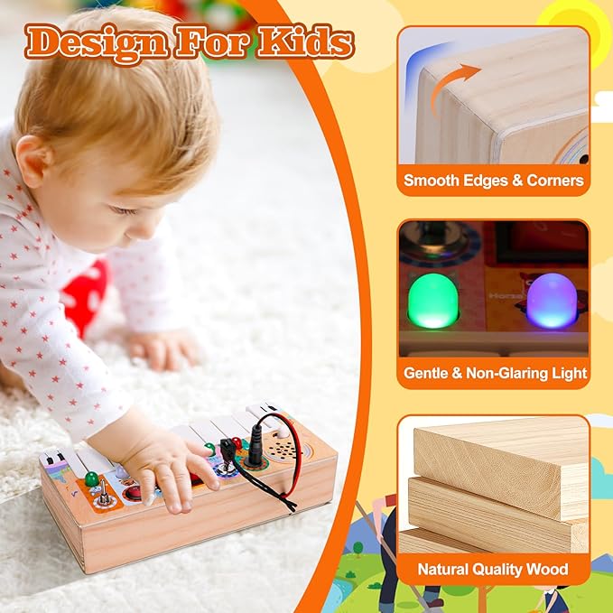 Wooden Piano Practice Board - Baby Toys - Piano Keys and Animal Calling Light Switch Sensory Toys for Babies and Toddlers of All Ages - Ideal Montessori Gift for Boys and Girls