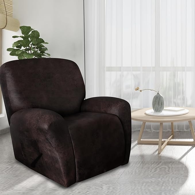 molasofa Recliner Chair Covers - 4 Pieces Leather Like Large Recliner Chair Covers with Pocket Waterproof Non Slip Stretch Recliner Slipcover for Lazy Boy Recliner Chair Washable (Chocolate)