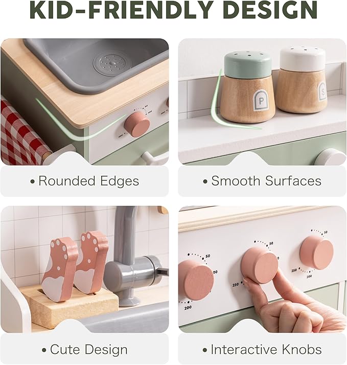 ROBOTIME Wooden Play Kitchen, Wood Kids Play Kitchen with Ice Maker and BBQ, Kids Play Kitchen Pretend Play Set with Lights & Sounds for Ages 3+, Gift for Boys and Girls