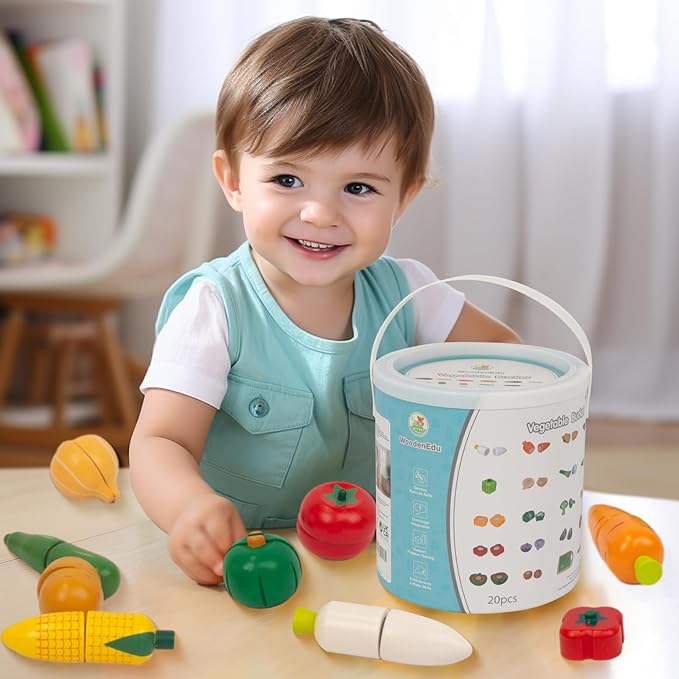 Wooden Play Food for Kids Kitchen, 38PCS Cutting Fruits Toys for Toddlers Pretend Vegetables Gift for Boys Girls Educational Toys (Vegetable Bucket)