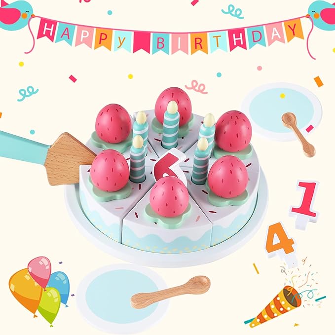 Wooden Birthday Party Cake Toys,Pretend Play Food for Toddlers 1-3, Birthday Cutting Cake Toy with Candles and Numbers, Montessori Tea Party Learning Kitchen Toys for Boys Girls