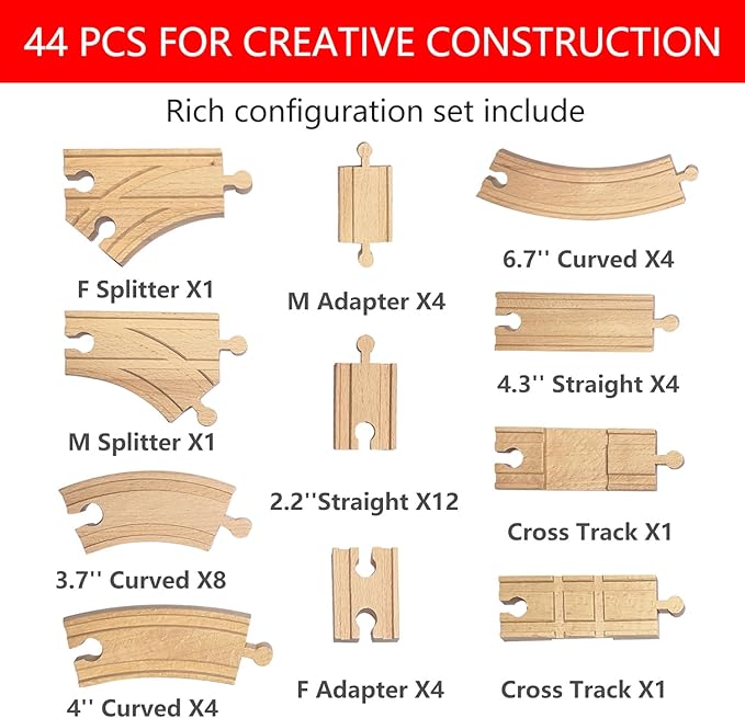 Wooden Train Track 44 Piece Set, Train Track Expansion Compatible with All Major Railroad Brands Including Thomas Wooden Train, Brio, Thomas The Tank Engine
