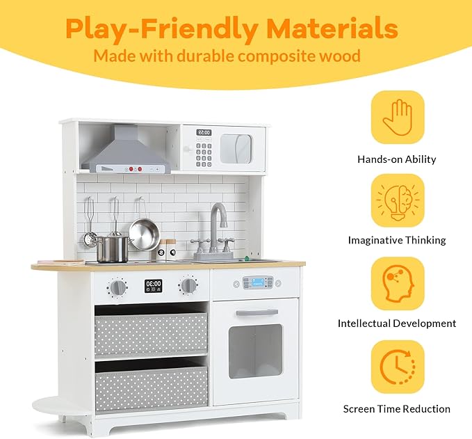 Play Kitchen for Kids, Wooden Kitchen Toy Playset with Stove, Oven, Sink and 17 Pcs Toy Food & Cookware Acces, Pretend Play Kitchen with 2 Fabric Drawers for Toddlers, Preschoolers Age 3+ Years, White