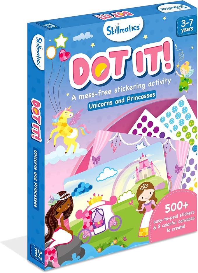 Skillmatics Art Activity - Dot It Unicorns & Princesses, No Mess Sticker Art for Kids, Craft Kits, DIY Activity, Valentine's Day Gifts for Boys & Girls Ages 3, 4, 5, 6, 7, Travel Toys