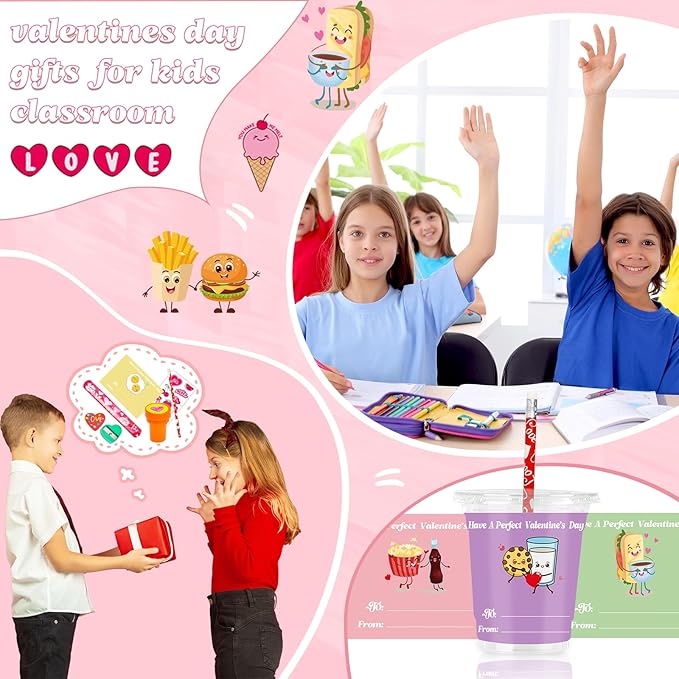 Valentines Day Gifts for Kids, 24 Packs Bulk Stationery Gift for School 192 Pcs Include Cards Pencil Cup Slap Bracelet Eraser Cup Stampers Valentine's Day Classroom Exchange Gifts Party Favors Toys