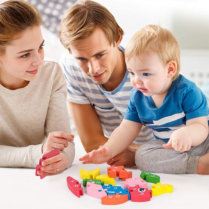 LovesTown Dolphin Wooden Puzzle, 26PCS Jigsaw Puzzle Alphabet and Number Blocks Wooden Building Blocks for Kid Toddlers Preschool