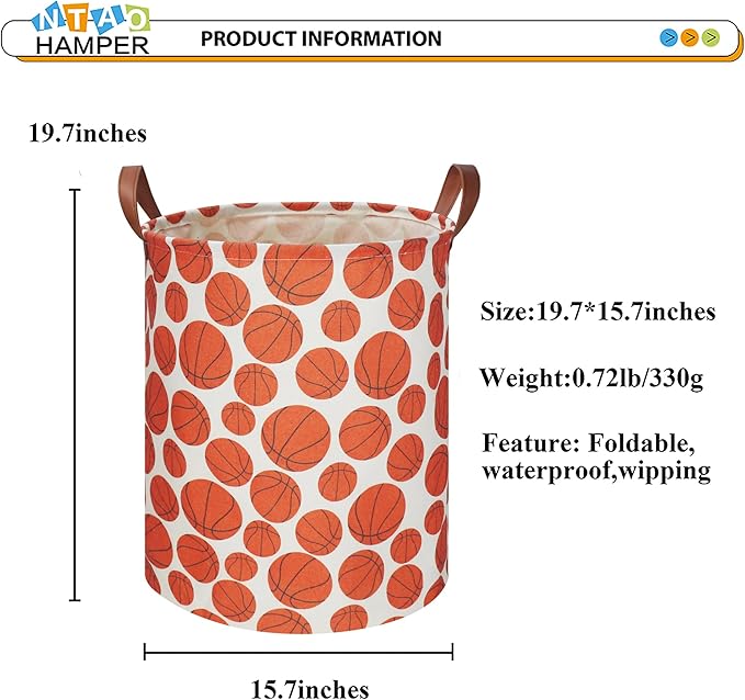 NTAOHAMPER Kids Laundry Hamper,Baseball laundry Basket,Baby Boy Nursery Hamper,Waterproof Storage Bin for Bedroom,Clothes Organizer Basket,Toys Box,Room Decor(Basketball)