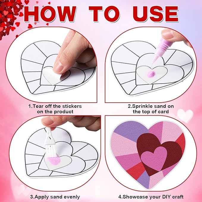 24 Sets Valentine Hearts Sand Art Craft Kit with Colored Sand Brushes DIY Valentine's Day Sand Painting Craft Create Your Own Sand Art for Kids Party Supplies Fun Home Activities