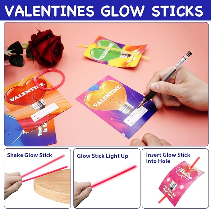 Valentines Day Gifts For Kids, 32 Packs Valentines Glow Sticks Bracelet Valentines Gifts Glow Necklaces for Valentines Day Gifts for Kids School Classroom Exchange Party Favors Supplies