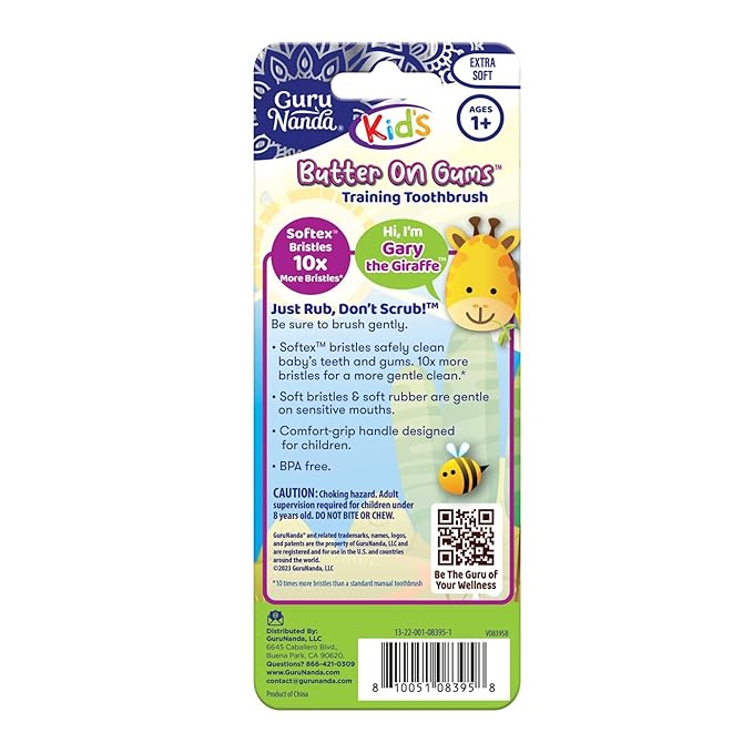 GuruNanda Kids Butter On Gums Cute Giraffe Toothbrush with Tongue Scraper & Cover - Super Soft Bristles for Gentle Cleaning -Ergonomic Handle (Age 1+)
