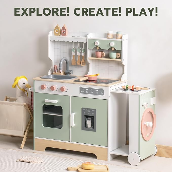 ROBOTIME Wooden Play Kitchen, Wood Kids Play Kitchen with Ice Maker and BBQ, Kids Play Kitchen Pretend Play Set with Lights & Sounds for Ages 3+, Gift for Boys and Girls