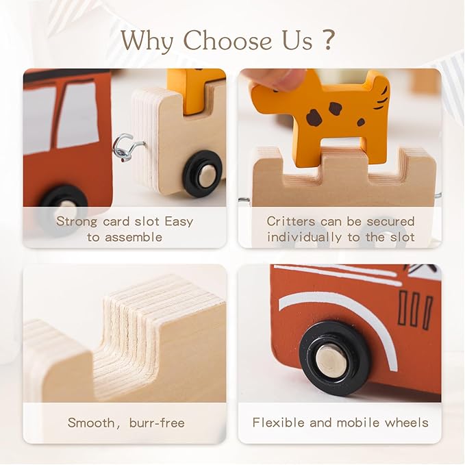 Wooden Train Set Toddler Toys for 3-5 Year Montessori Animal Figurines Train Toy Set Preschool Learning Activities Toys for Kids, Birthday Gift for Toddlers & Kids Aged 3+ (10 PCS)