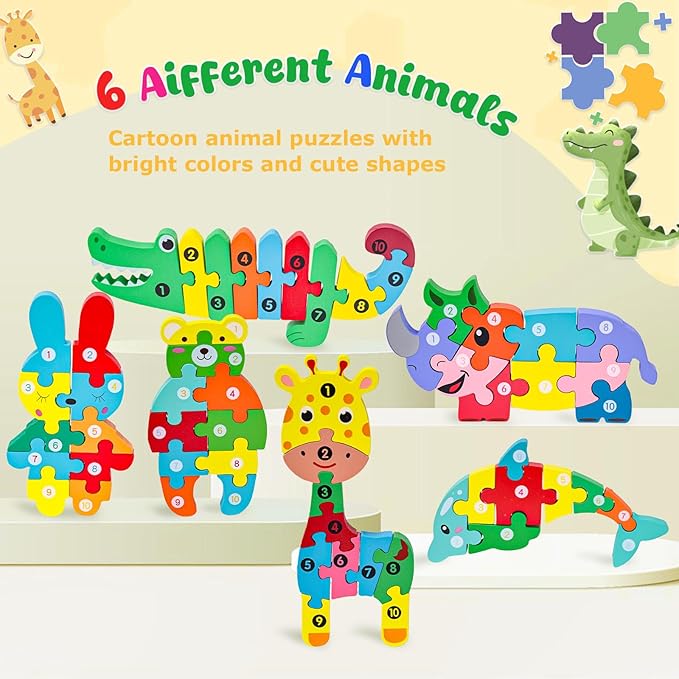 LovesTown Animal Wooden Puzzle, Jigsaw Alphabet Number Blocks, Educational Toy for Toddlers, Ideal for Gifting and Learning