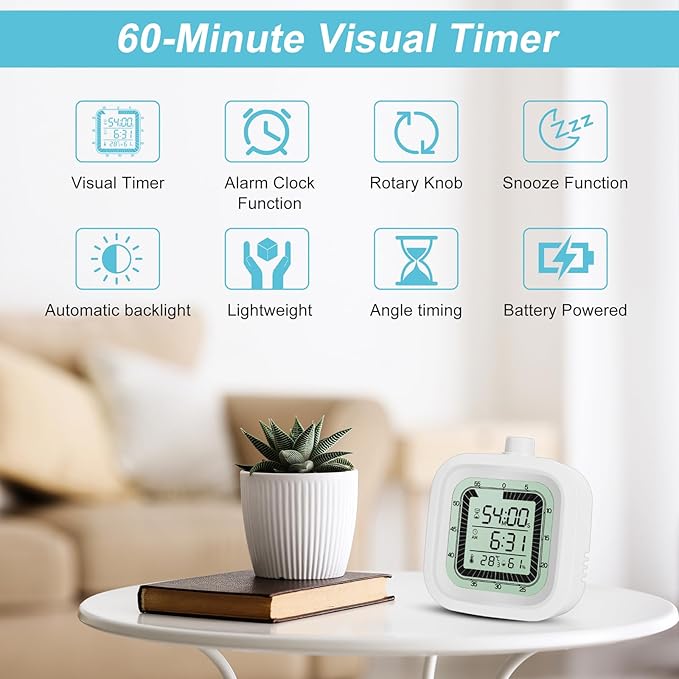 Visual Timer with Alarm Clock Countdown Count-up 1-60 Minutes Kitchen Timer Student Timer Bath Room Timer Clock Sports Timer time Manager with Digital Thermometer Hygrometer (White)