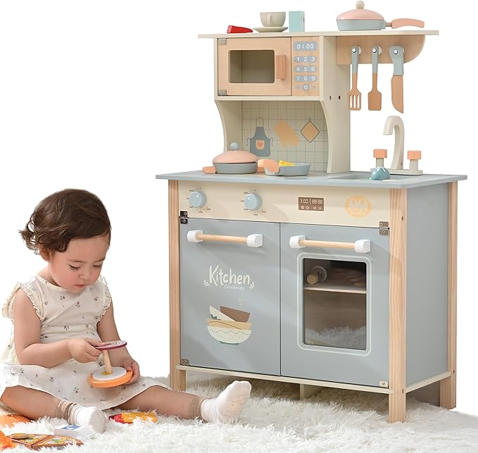 Play Kitchen for Toddlers, Kids Kitchen Playset Toy Kitchen Set, Toddler Kitchen Playset Wooden with with Faucet, Oven, Cookware Accessories