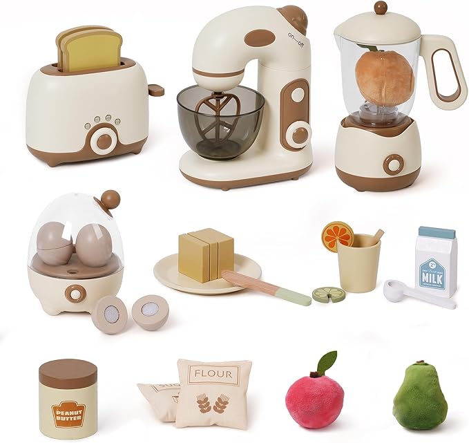 ROBOTIME Kids Toy Kitchen Set - Wooden Play Kitchen Appliances with Toaster, Mixer, Blender with Realistic Sounds, Play Kitchen Accessories Toy Food Set for Kids - Kitchen Playset for Toddlers(4-Set)