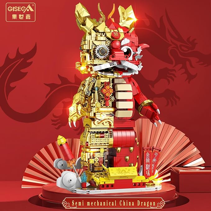 Suitable for Ages 15+ Small Particles (1962 Pieces) Semi Mechanical Chinese Loong Building Block Toys Compatible with Lego Comes with a Transparent Display Box and Building Block Tool Set
