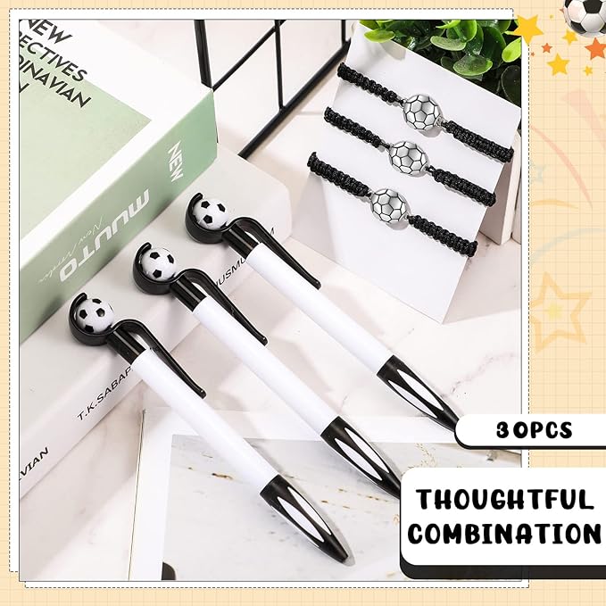 Sabary 30 Pcs Sport Theme Party Favors Set, 15 Pcs Soccer Pens 15 Pcs Soccer Theme Bracelets Ballpoint Pens Adjustable Bracelet Sport Party Gifts for Kids Teens Team Members (Black)