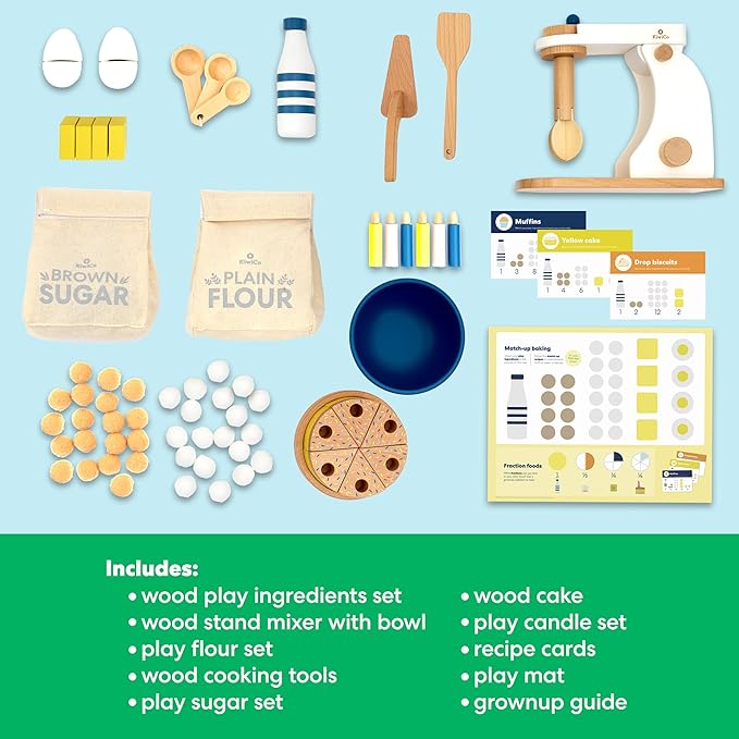 KiwiCo Bake-a-Cake Stand Mixer: Kids Baking Set Ages 3+ | Learn Early Math with Wooden Kitchen Play Set | Includes Cake, Stand Mixer, Measuring Spoons, Flour, Sugar, Play Mat, and Recipe Cards