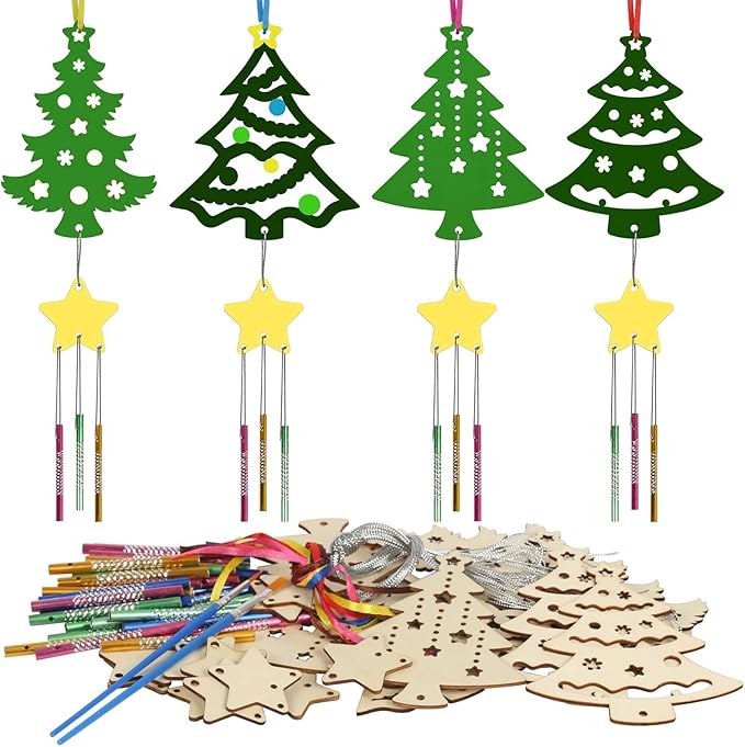 12 Pack Wind Chime Kit for Kids,Christmas Craft Kits DIY Christmas Tree Wind Chime Unfinished Wooden Xmas Tree Ornaments for Boys Girls Activity Art Project Decor