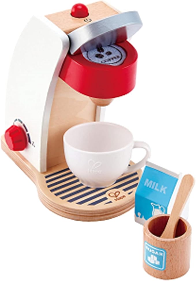 Hape Wooden White Coffee Maker Kitchen Set with Accessories| Pretend Play Toy Set for Kids Ages 3 Years & Up