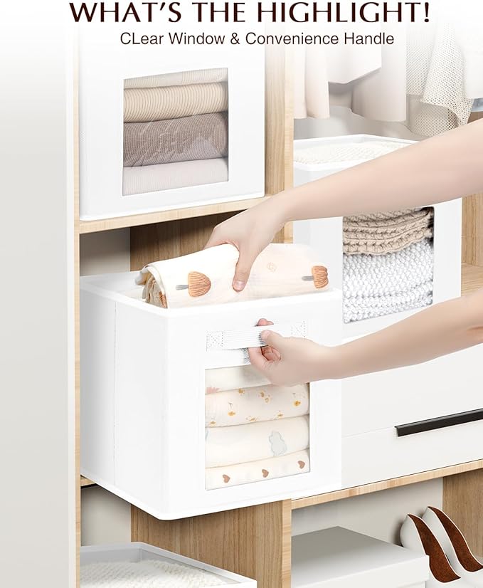 Homsorout Storage Cube 11 Inch - Cube Storage Bins with Window, Closet Storage Baskets with Handle, Fabric Bins for Closet, Shelves, Toys, Clothes, Set of 10, White
