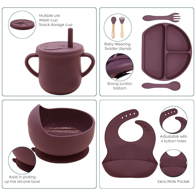 100% Silicone Baby Feeding Set,BPA Free Baby Dishes Set with Suction Bowl Divided Plate,Toddler Self Feeding Dish Set with Spoons Forks Sippy Cup and Bib, Baby Eating Utensils(Dark Red)