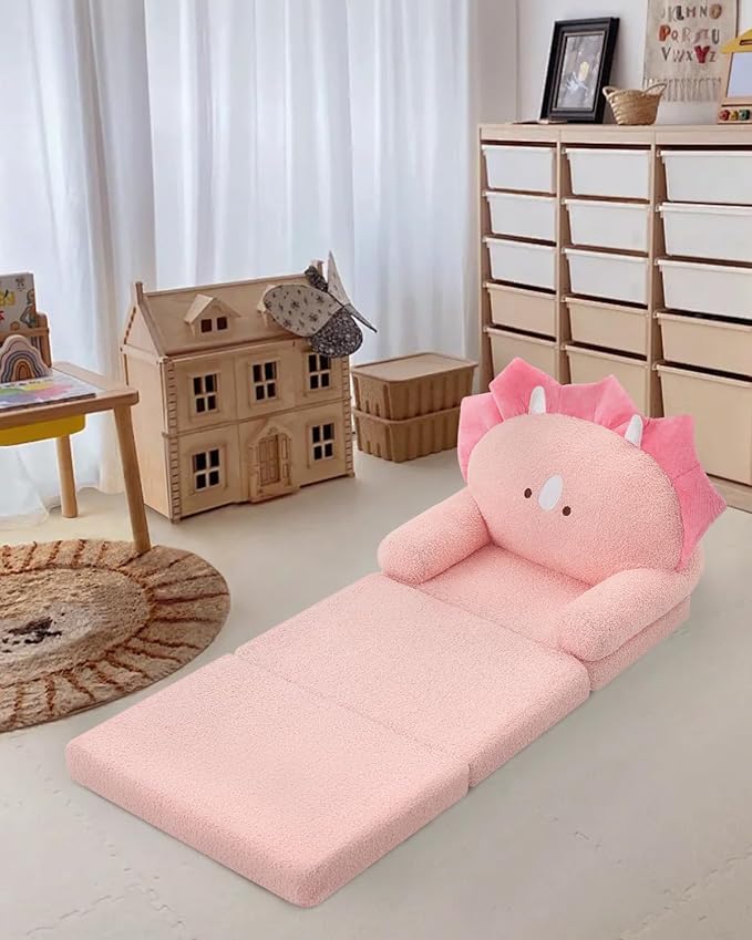 MOONBEEKI Comfy Toddler Chair, Kids Couch Fold Out to Lounger, Foldable Baby Sofa Plush for Girl and Boy Age 18 Months and Up (Pink Triceratops)