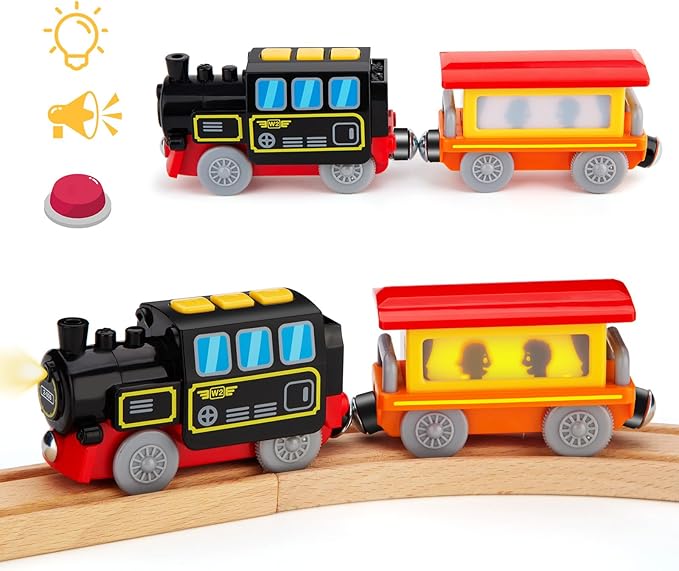 Battery Operated Locomotive Train Set for Wooden Train Tracks, Electric Train Toys for Toddlers Magnetic Connection, Powerful Engine Bullet Train Set Compatible with Thomas, Brio, Melissa and Doug 3Y+