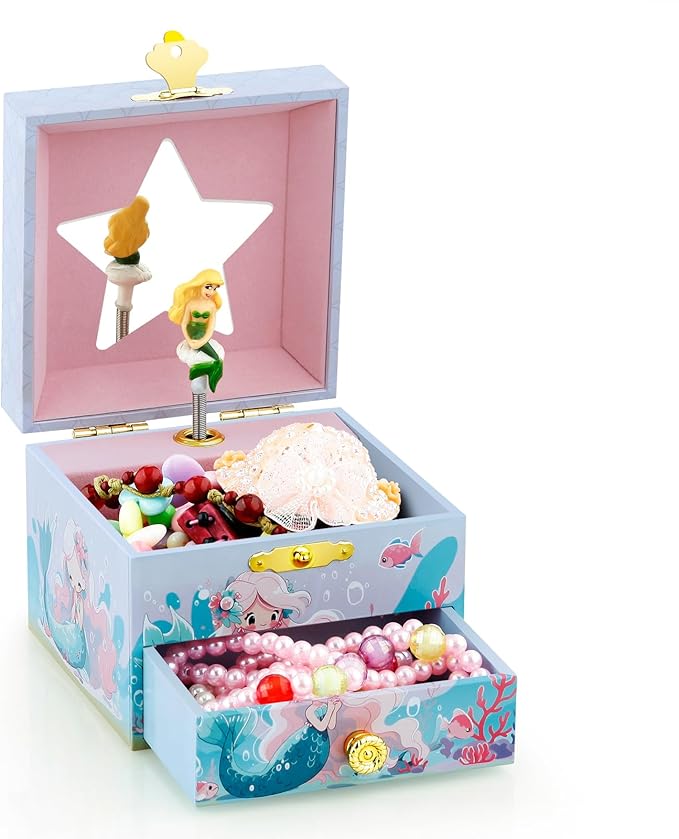 RR ROUND RICH DESIGN Kids Musical Jewelry Box for Girls Include Drawer and Pretty Jewelry Set with Cute Mermaid Theme - Beautiful Dream Tune Blue