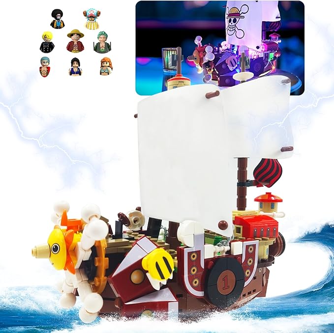 1 Piece Anime Thousand Sunny Ship Building Blocks Set with Light, Featuring 9 Action Main Figures, One Piece Merch Pirate Boat Model Building Ideal Gift for Kid, Fans(432 PCS)