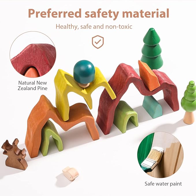 Wooden Rainbow Stacking Toy | House Bulding Block | Montessori Geometry Educational Stacking Game | Learning Educational Toys for Kids Baby Toddler(Volcano)