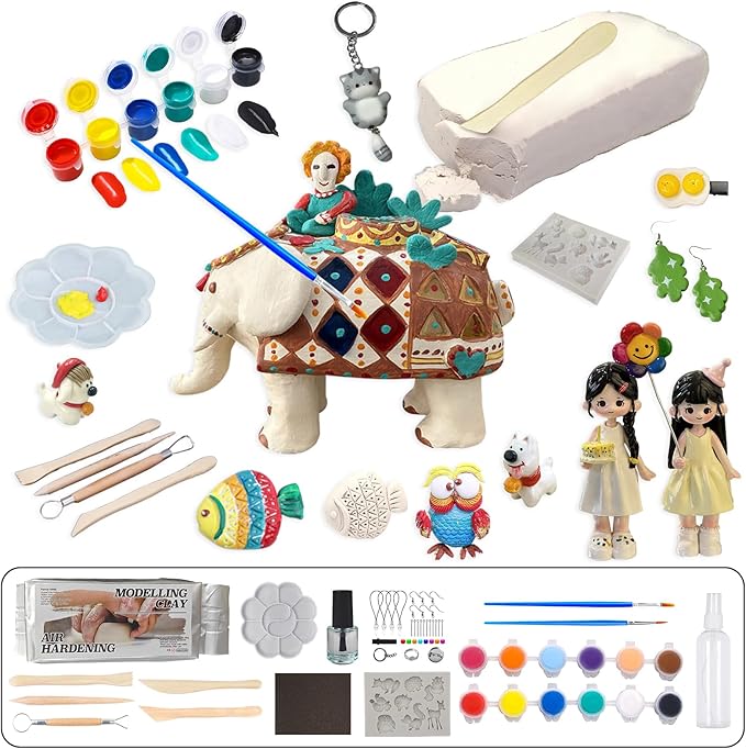 GOVOY Air Dry Clay Pottery Kit DIY Clay Kit for Beginners Handmade Pottery at Home with 12pcs of Paints Wooden Sculpting Tools Animal Mold Kids Adults Arts and Crafts Set
