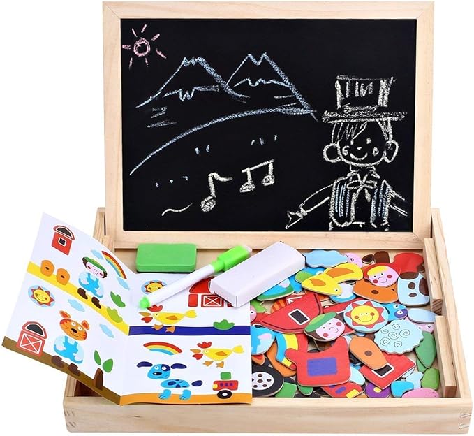 Wooden Toy Magnetic Board Puzzle Games , Double Side Jigsaw &Drawing Sketchpad Writing Dry Erase Board Chalkboard Educational Toys for Kids